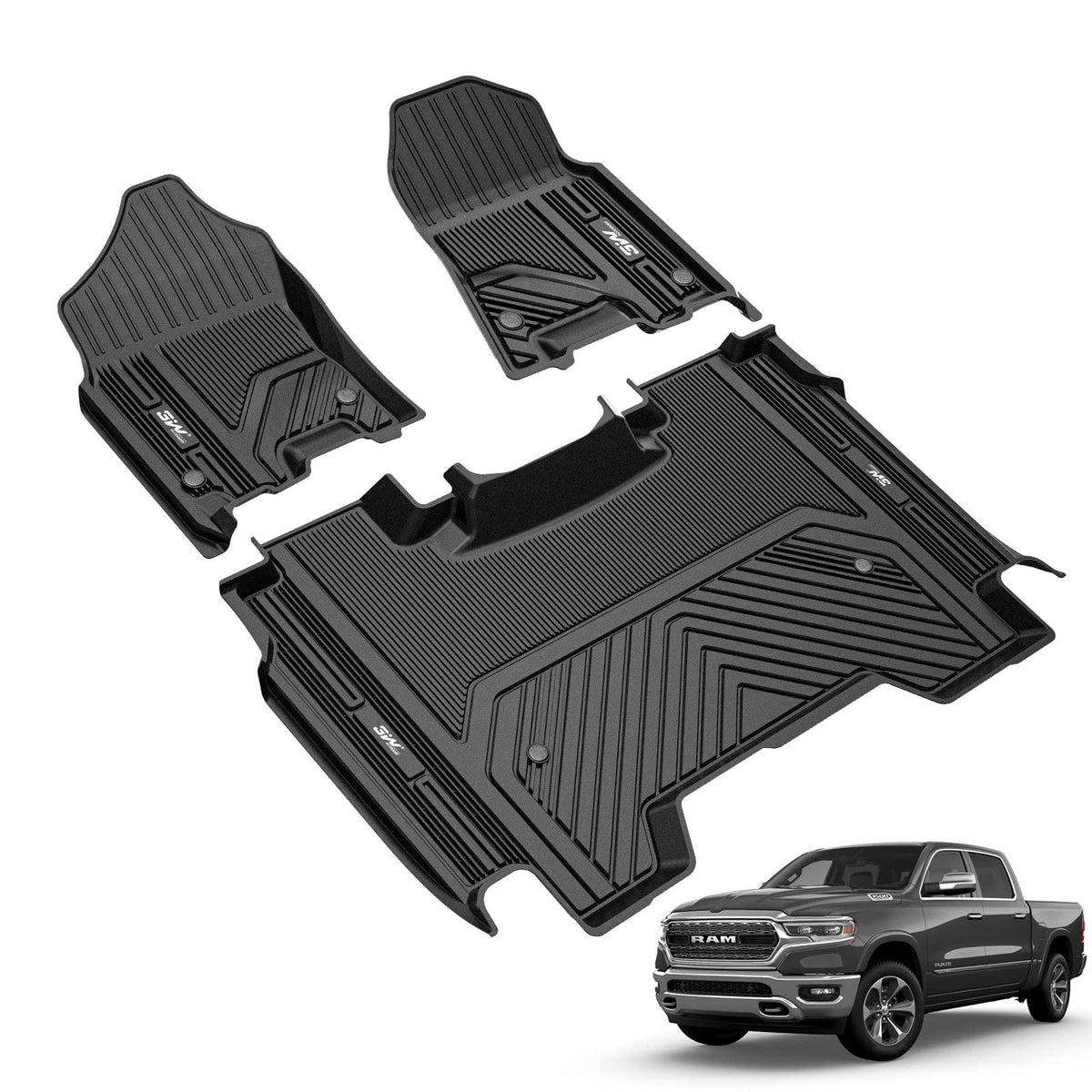 3W Car Mats for Dodge Ram 1500 New Body Without Underseat Storage (NOT Classic Models) Crew Cab 2019-2024 (Left Hand Drive)