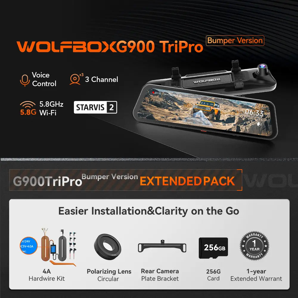 WOLFBOX G900TriPro Bumper Version Mirror Cam